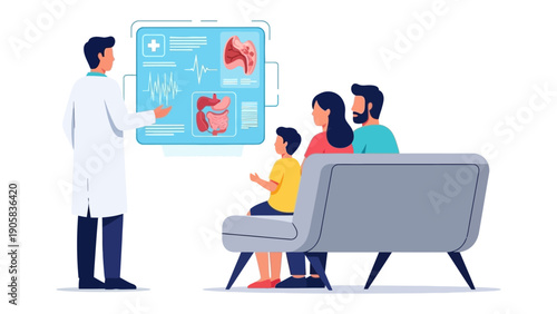 Medical Consultation: A doctor explains complex medical information to a concerned family, fostering trust and clarity.