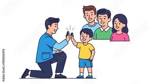 Father-son high-five moment: A heartwarming illustration captures a father and son sharing a joyful high-five, with a supportive family in the background.