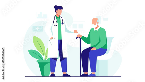 Medical Consultation: A caring doctor provides support, reassurance, and guidance during a consultation, ensuring the well-being of the elderly patient.