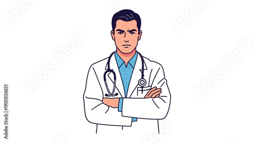 Confident Physician Portrait: A healthcare professional, dressed in a crisp white coat with a stethoscope, embodies authority and expertise, looking directly at the viewer with arms crossed.