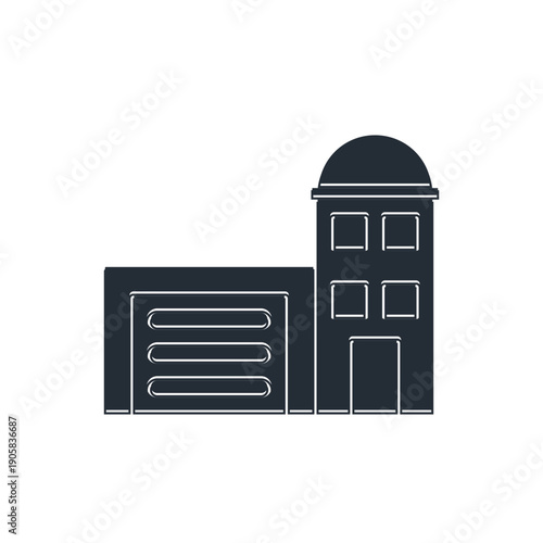 Black Building of fire station icon isolated on white background. Fire department building. Vector