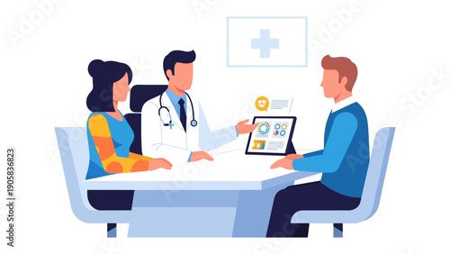 Health Consultation Illustration: A doctor attentively discusses the patient's health, offering professional advice and guidance. The scene captures the essence of care, trust, and proactive wellness.