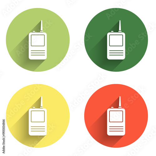 Set Walkie talkie icon isolated with long shadow background. Portable radio transmitter icon. Radio transceiver sign. Color circle button. Vector