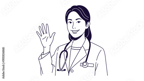 Friendly Physician: A warm and inviting doctor extends a friendly wave, symbolizing healthcare accessibility and compassion. The drawing emphasizes approachability and professionalism.