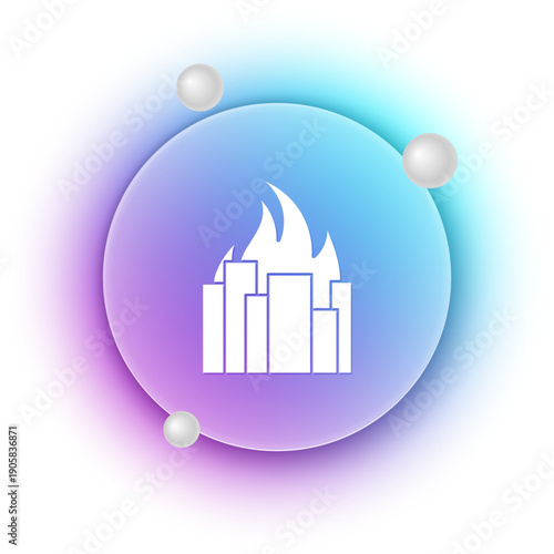 White Fire in burning buildings on city street icon isolated on white background. Destroyed city on fire. Blue and purple gradient circle background. Vector