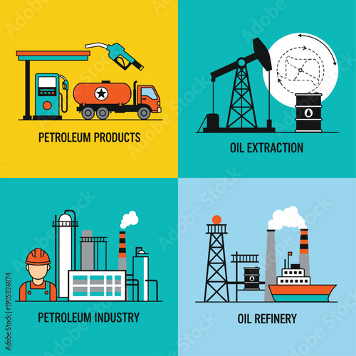 Oil and petroleum industry concept set with refinery extraction products and factory