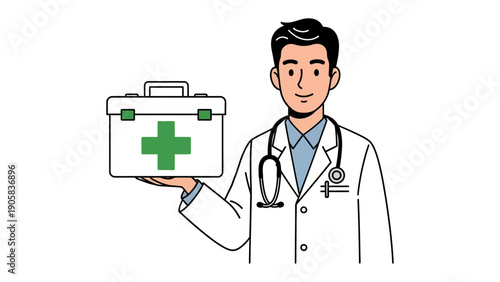 Doctor with First Aid Kit: A friendly and approachable doctor, holding a first aid kit, symbolizes medical assistance and healthcare solutions. A trustworthy and reassuring image.