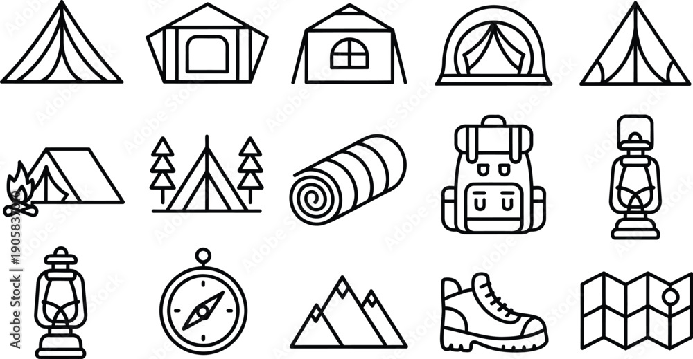 Fototapeta premium Vector camping and hiking line icons set, outdoor travel essentials including tent designs, backpack, lantern, compass, boots and map illustration.