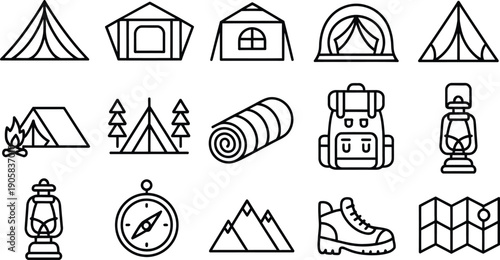 Vector camping and hiking line icons set, outdoor travel essentials including tent designs, backpack, lantern, compass, boots and map illustration.