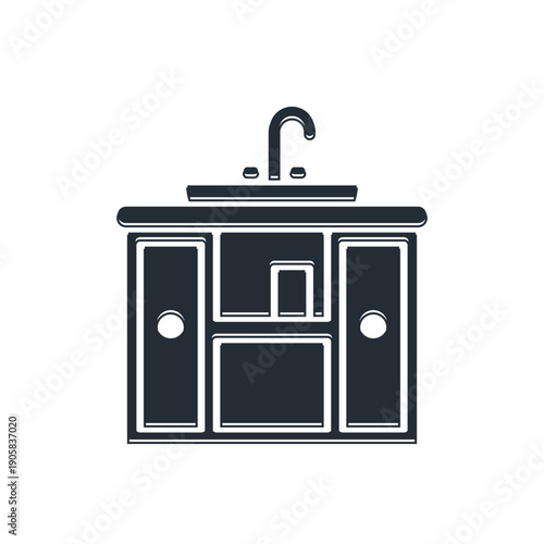 Black Washbasin cabinet with water tap icon isolated on white background. Vector