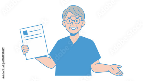 Friendly professional: A smiling professional is holding a document, presenting with open hand. Perfect for use in medical, support, business settings