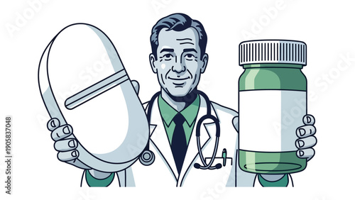 Medical Professional with Medications: A doctor stands confidently, showcasing a large pill and a medicine bottle, symbolizing healthcare, treatment, and medication, emphasizing health solutions.