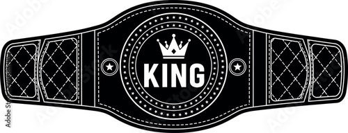 Detailed black champion belt emblem with central crown and “KING” lettering inspired by wrestling and boxing titles