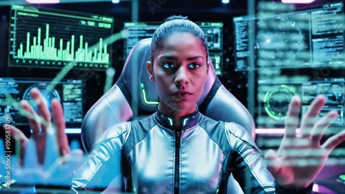 A futuristic woman interacts with a transparent interface in a high-tech room