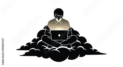 Person with an obscured face sits on dark clouds, diligently working on a glowing laptop screen.