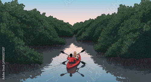 Mixed race couple in red kayak paddling through lush mangrove forest