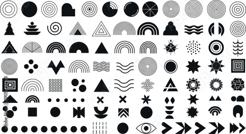 Comprehensive minimal geometric shape and symbol icon set featuring circles triangles stars waves arrows spirals and abstract patterns