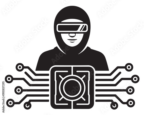 Hacker character wearing virtual reality headset symbolizing cyber crime data theft security breach surrounded by circuit board element microprocessor central processing unit design icon
