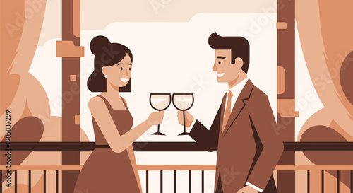 Smiling man and woman in formal wear toasting with wine glasses