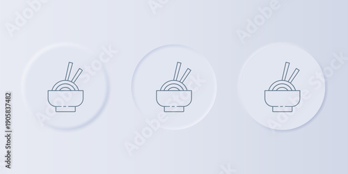 Grey Asian noodles in bowl and chopsticks icon isolated on grey background. Street fast food. Korean, Japanese, Chinese food. Set icons in square buttons. Vector