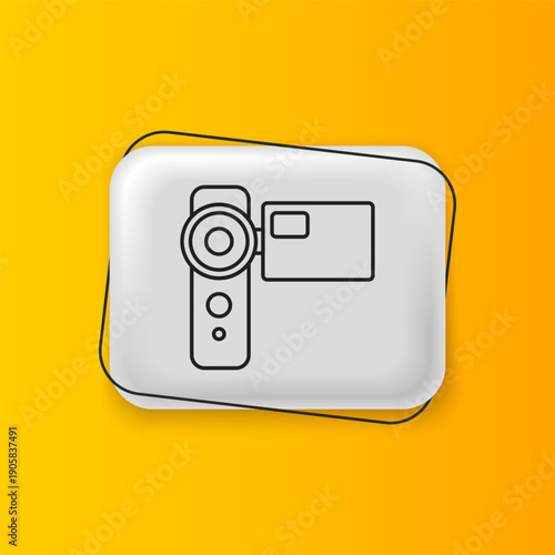 Black Cinema camera icon isolated on yellow background. Video camera. Movie sign. Film projector. Silver rectangle button. Vector