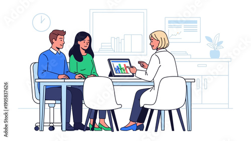 Financial Planning Consultation: A couple engages in a focused financial planning session, analyzing charts and discussing strategies with their advisor.