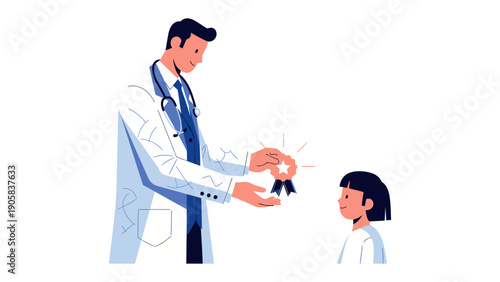 A Doctor's Care and Award: A doctor presents a star-shaped award to a young patient, signifying care and support. This illustration evokes trust and highlights the positive interaction.