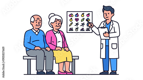Health Consultation: A medical professional offers health insights, consulting with an elderly couple while pointing to a colorful visual aid.