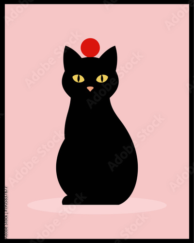 Minimalist black cat sitting with a red sun orb above its head on a pink background
