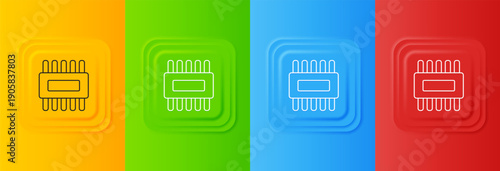 White Computer processor with microcircuits CPU icon isolated on colorful background. Chip or cpu with circuit board. Micro processor. Set icons in square buttons. Vector