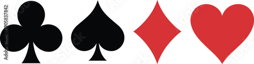 Playing card suits icon set with club spade diamond heart symbols, poker casino gambling design, flat vector illustration