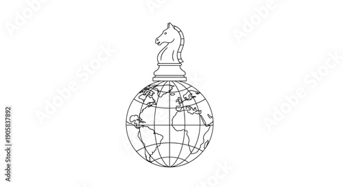 Chess knight piece sits atop a wireframe globe representing global strategy.