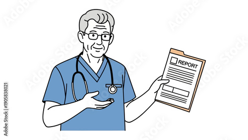 Professional Physician Reviewing Report: A compassionate, experienced healthcare provider dressed in scrubs carefully reviews a patient's report.