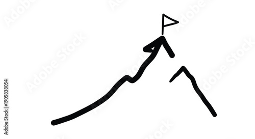 Hand drawn line shows upward trajectory reaching a mountain peak marked with a small flag.