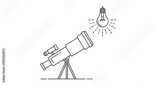 Telescope pointed toward a glowing light bulb representing scientific discovery and insight.