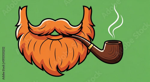 Cartoon beard with mustache smoking pipe on green background
