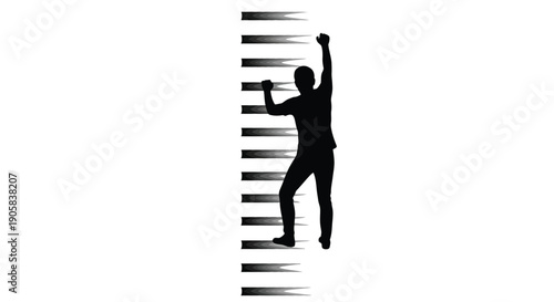 Silhouette of a person climbing musical keyboard keys represents career advancement and success.