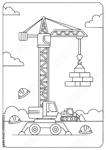 Construction crane coloring page shows a mobile machine lifting bricks