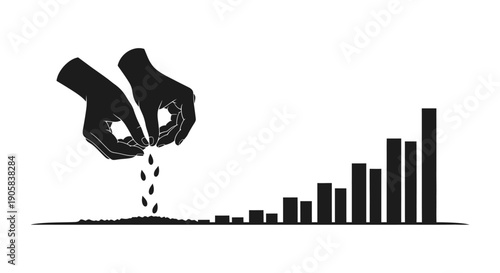 Hands planting seeds resulting in a rising bar chart symbolizing financial growth concept.