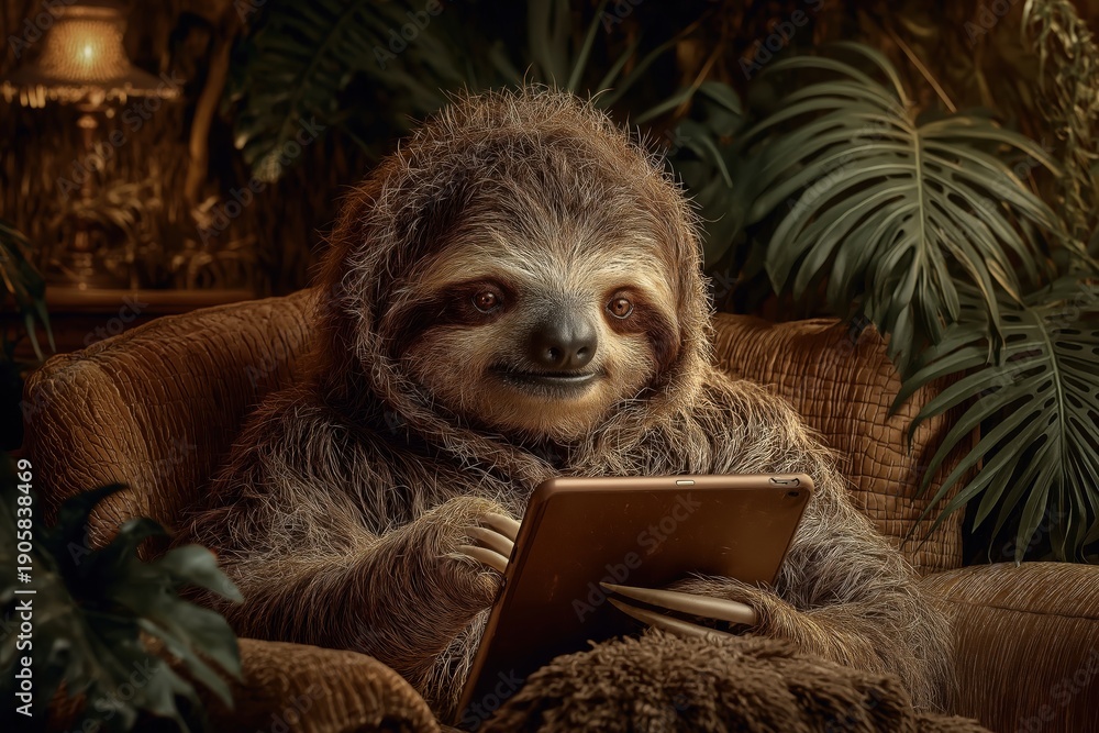 Fototapeta premium Funny sloth using digital tablet computer in cozy armchair. Slow internet connection and lazy browsing concept. Cute furry animal reading news online with serious face