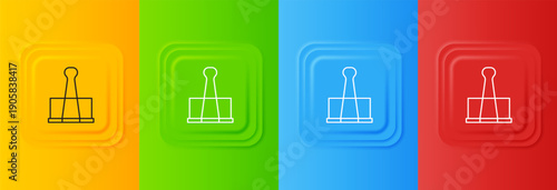 White Binder clip icon isolated on colorful background. Paper clip. Set icons in square buttons. Vector