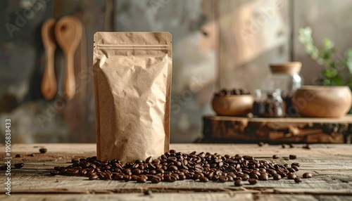 Coffee Beans Spilling from Brown Paper Bag.