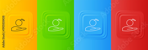 White Apple in hand icon isolated on colorful background. Fruit with leaf symbol. Set icons in square buttons. Vector