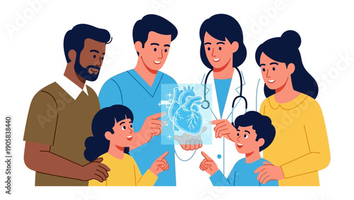 Healthy Heart Discussion: A healthcare provider explains the intricacies of a healthy heart to a family, emphasizing preventative care and health, fostering a culture of wellness.