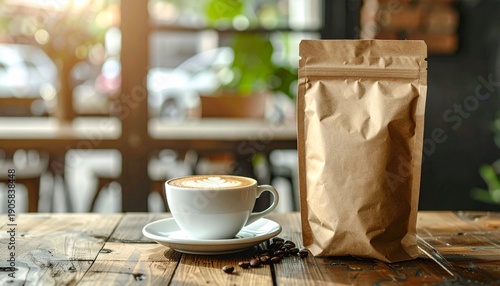 Coffee Cup and Bag on Wooden Table.