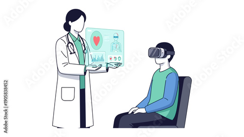 VR Medical Examination: A doctor demonstrates the use of virtual reality technology to monitor a patient's health, representing a modern approach to healthcare and diagnostics. 