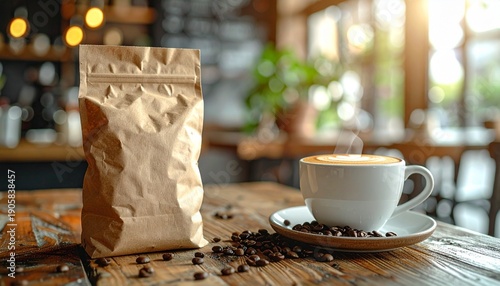 Coffee Cup and Beans on Wooden Table.