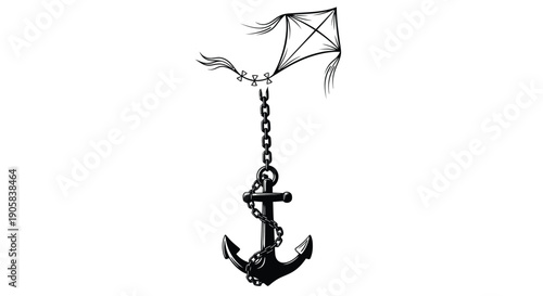 Kite illustration is tethered below to a heavy anchor by a thick metal chain against white.