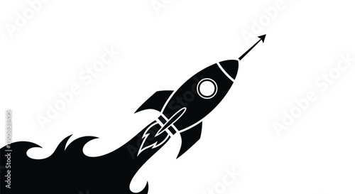 Black silhouette rocket ship launches upward leaving a trail of smoke against white background.