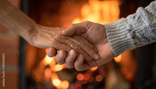 Couple Holding Hands by the Fireplace.
